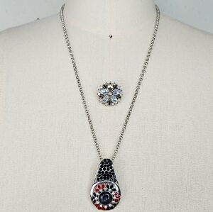 Silver and Black Rhinestone Pendant Snap Button Necklace with Rhinestone Snaps